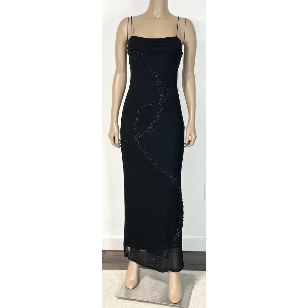 Vtg Y2K Byer Too Beaded Long Fairy Slip Dress Sz M Black Mesh Beaded Sleeveless